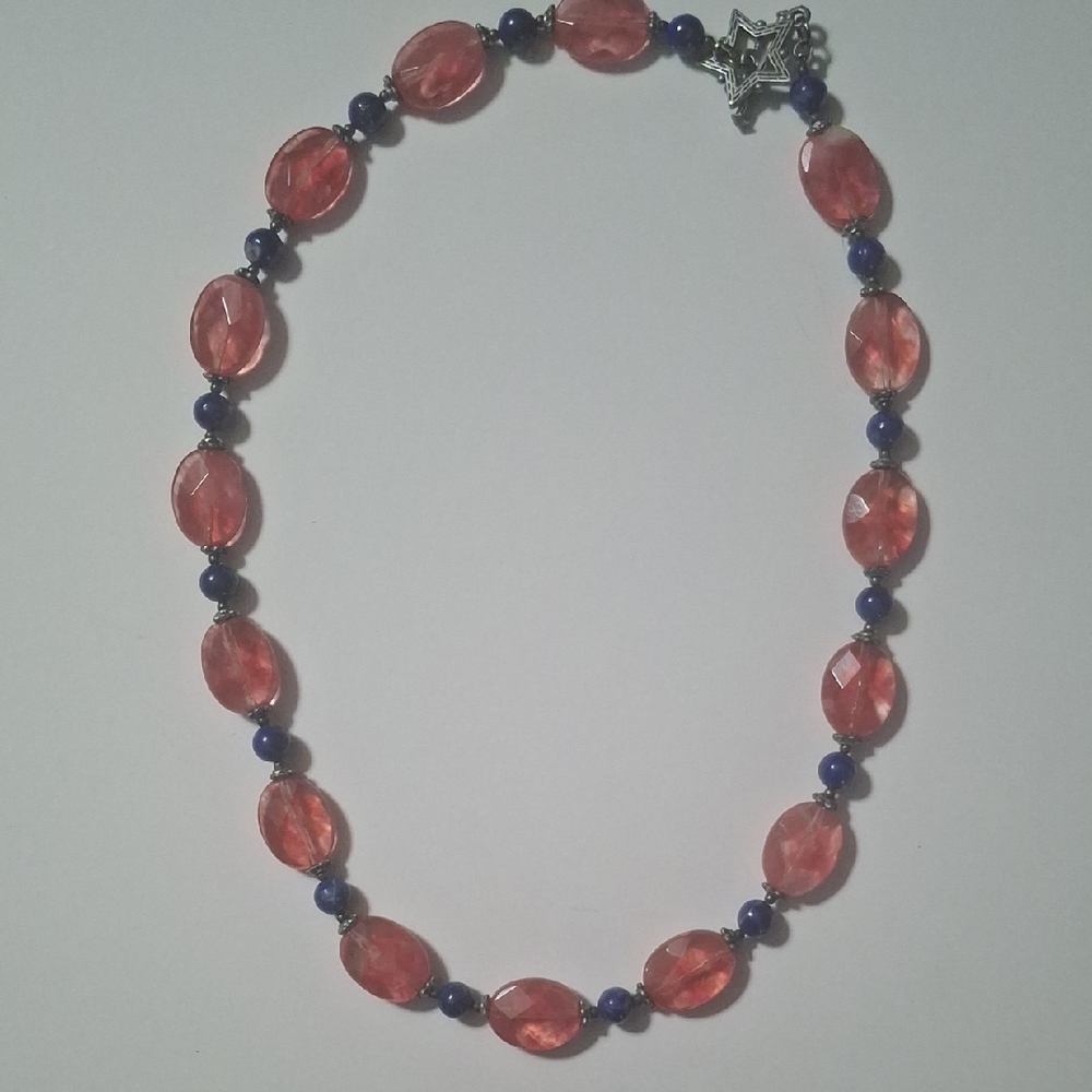 Faceted Cherry Quartz Necklace With Lapis Lazuli